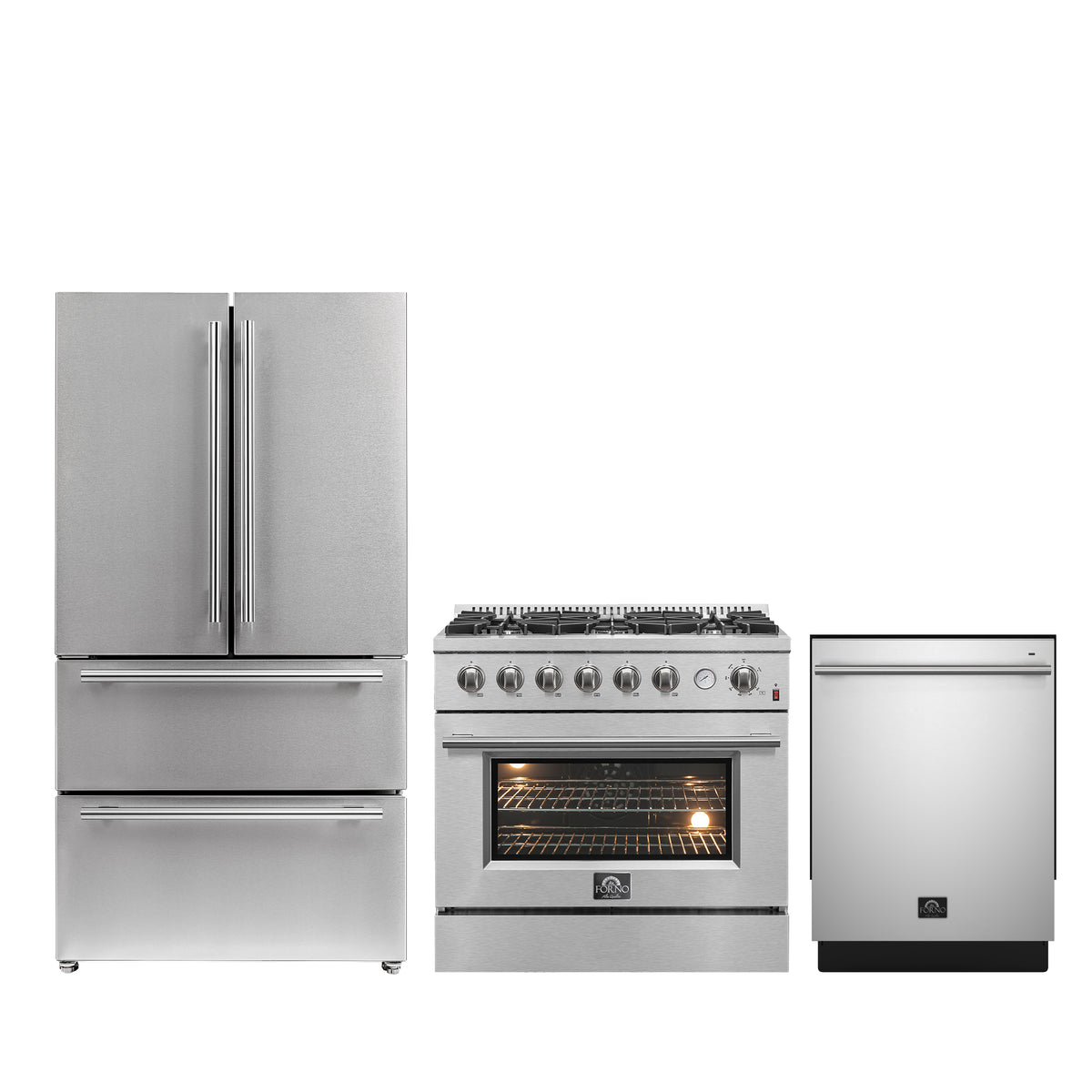 Forno Premium 3-Piece Kitchen Bundle - 36" Gas Range, French Door Refrigerator, Built-In Dishwasher