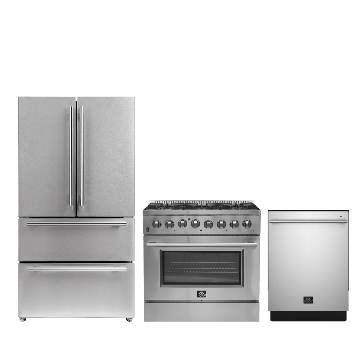 Forno Premium 3-Piece Kitchen Bundle - 36" Gas Range, 36" French Door Refrigerator, 24" Built-In Dishwasher