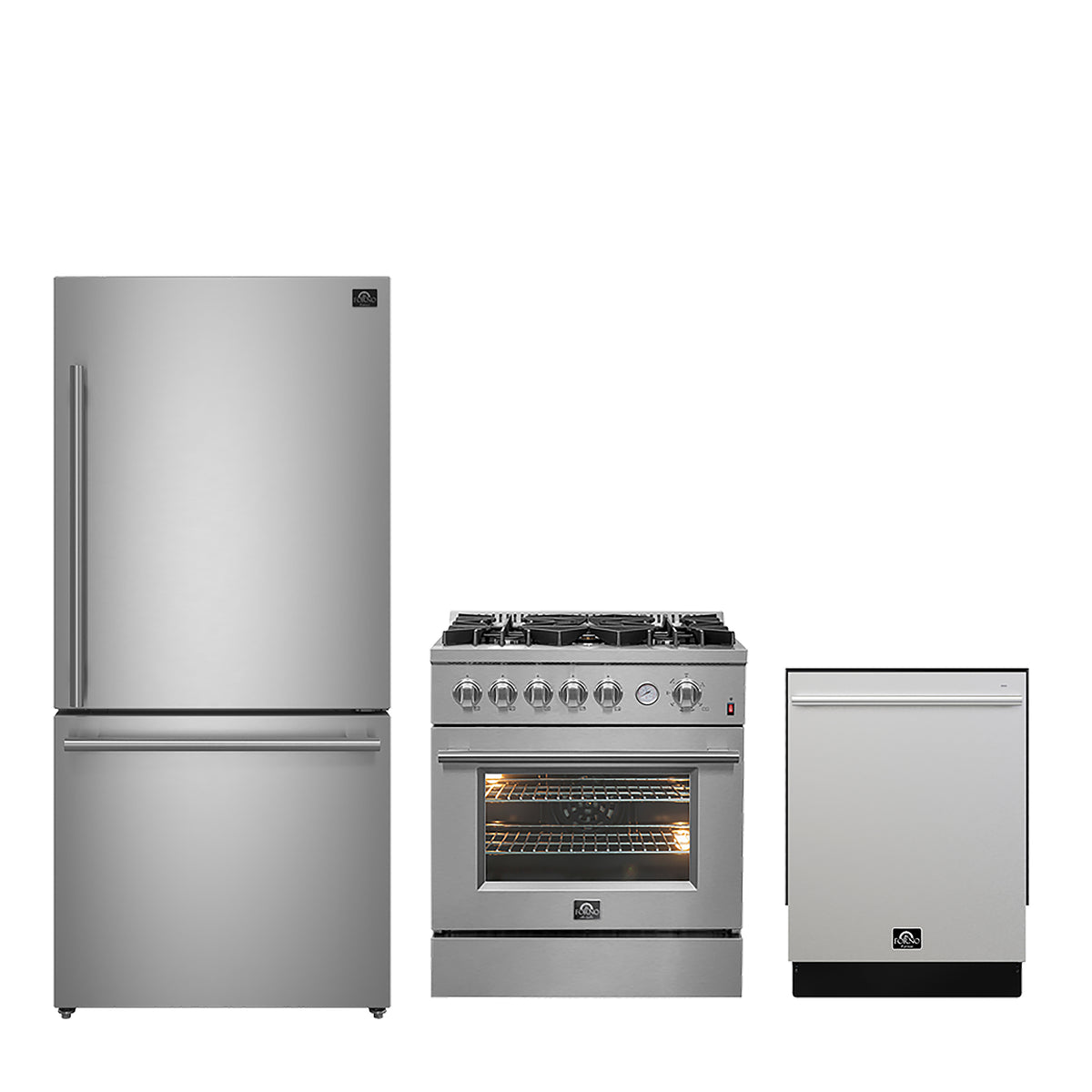 Forno Premium 3-Piece Kitchen Bundle - 30" Gas Range, Bottom Freezer Refrigerator, Built-In Dishwasher