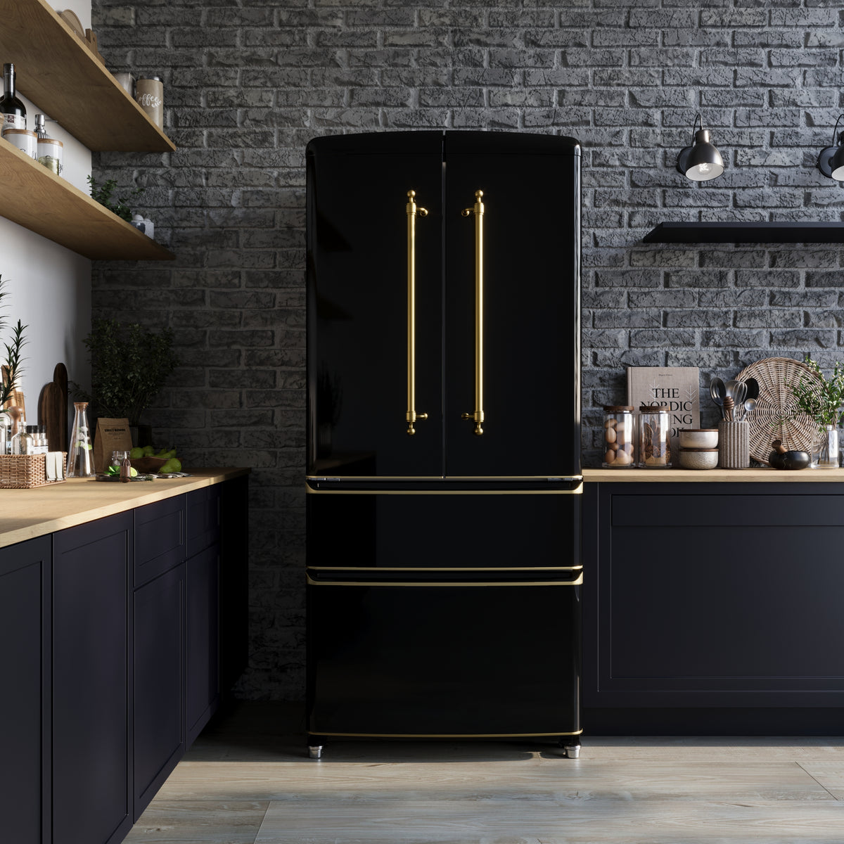 Forno Luigi 18 cu.ft. French Door Refrigerator Black, Antique Brass Handles
