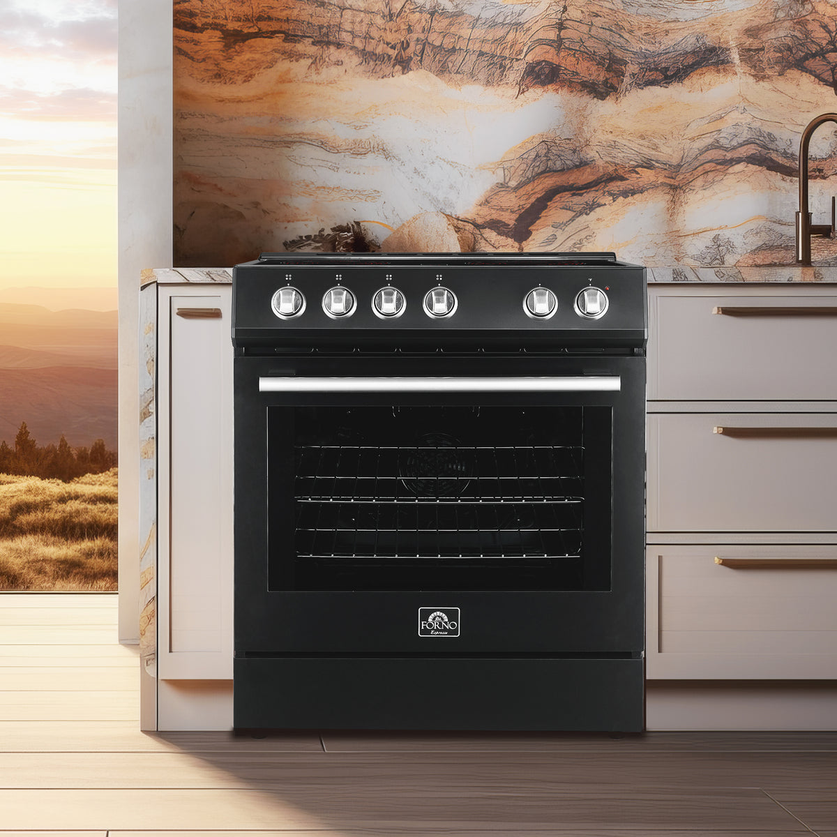 Forno Premium 4-Piece Kitchen Bundle - Leonardo Espresso 30" Black Range, 30" Black Range Hood