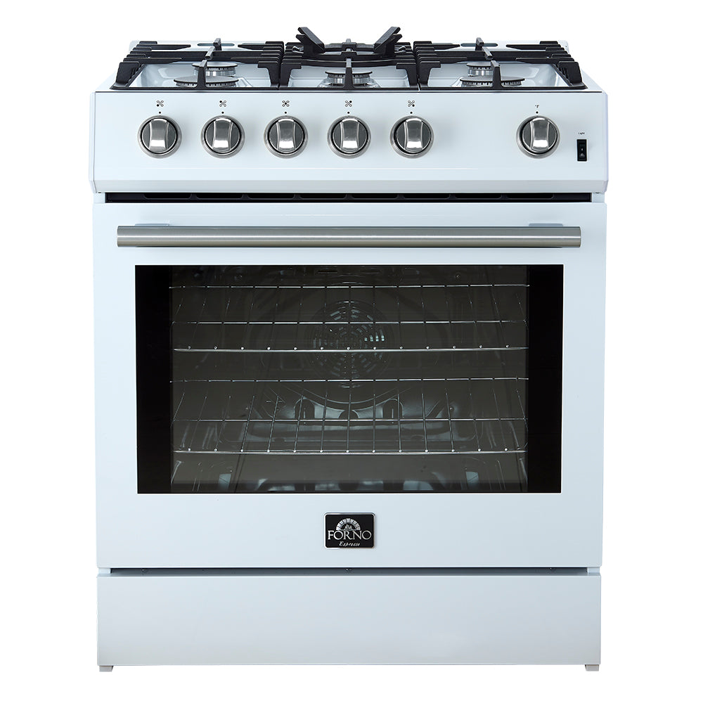 Forno Leonardo Espresso 30" White Gas Range, 5 cu.ft. Convection Oven, 5 Sealed Burners 39 500 BTU & Wok Ring