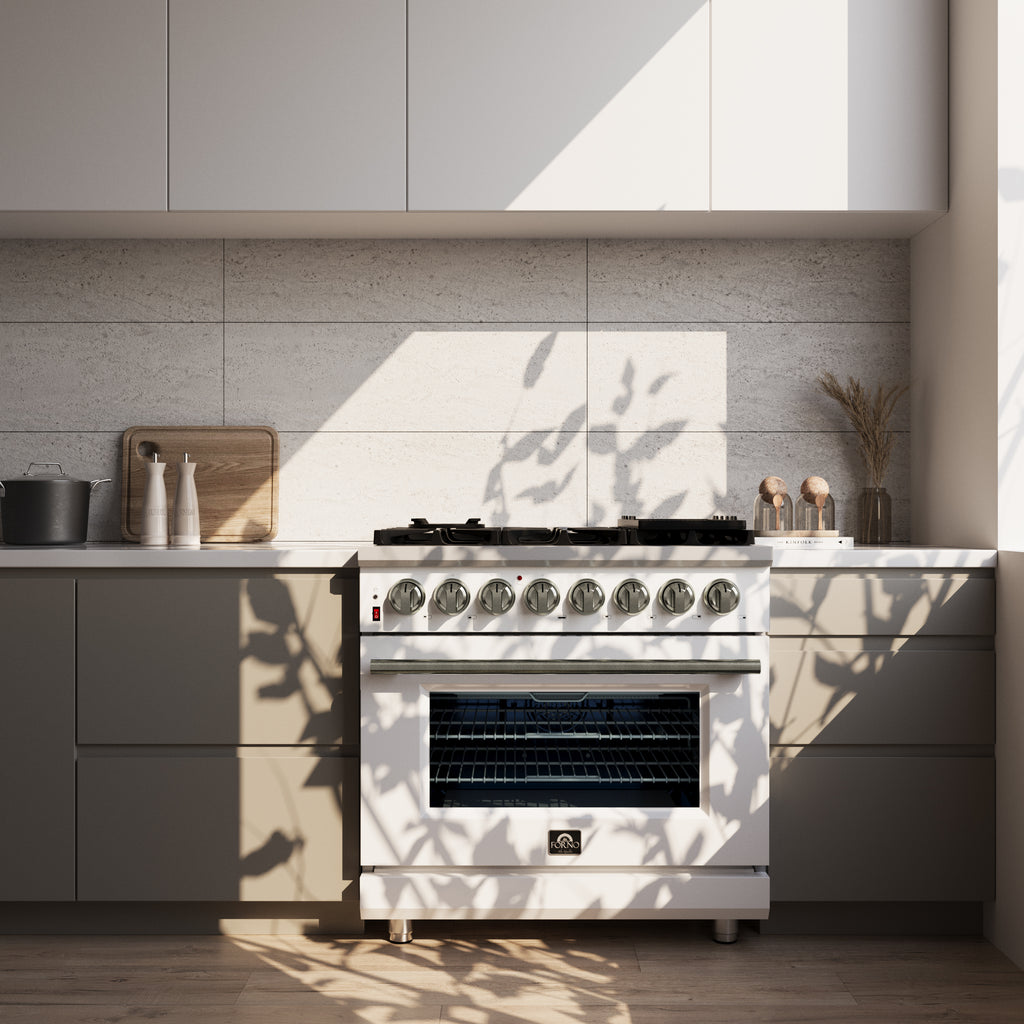 Forno Massimo 36" Dual Fuel Range in White with Air Fryer Basket, True Convection Oven, Matte Cast Iron Grates