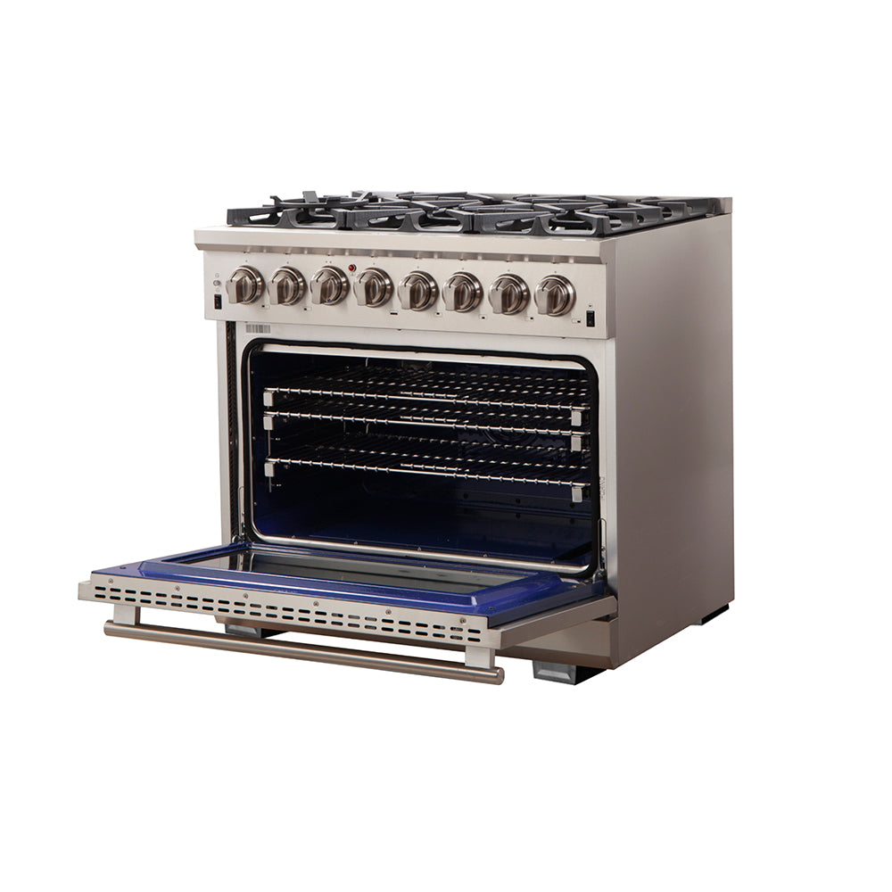 Forno Capriasca 36" Dual Fuel Range All Stainless Steel with 6 Brass Burners 120,000 BTU