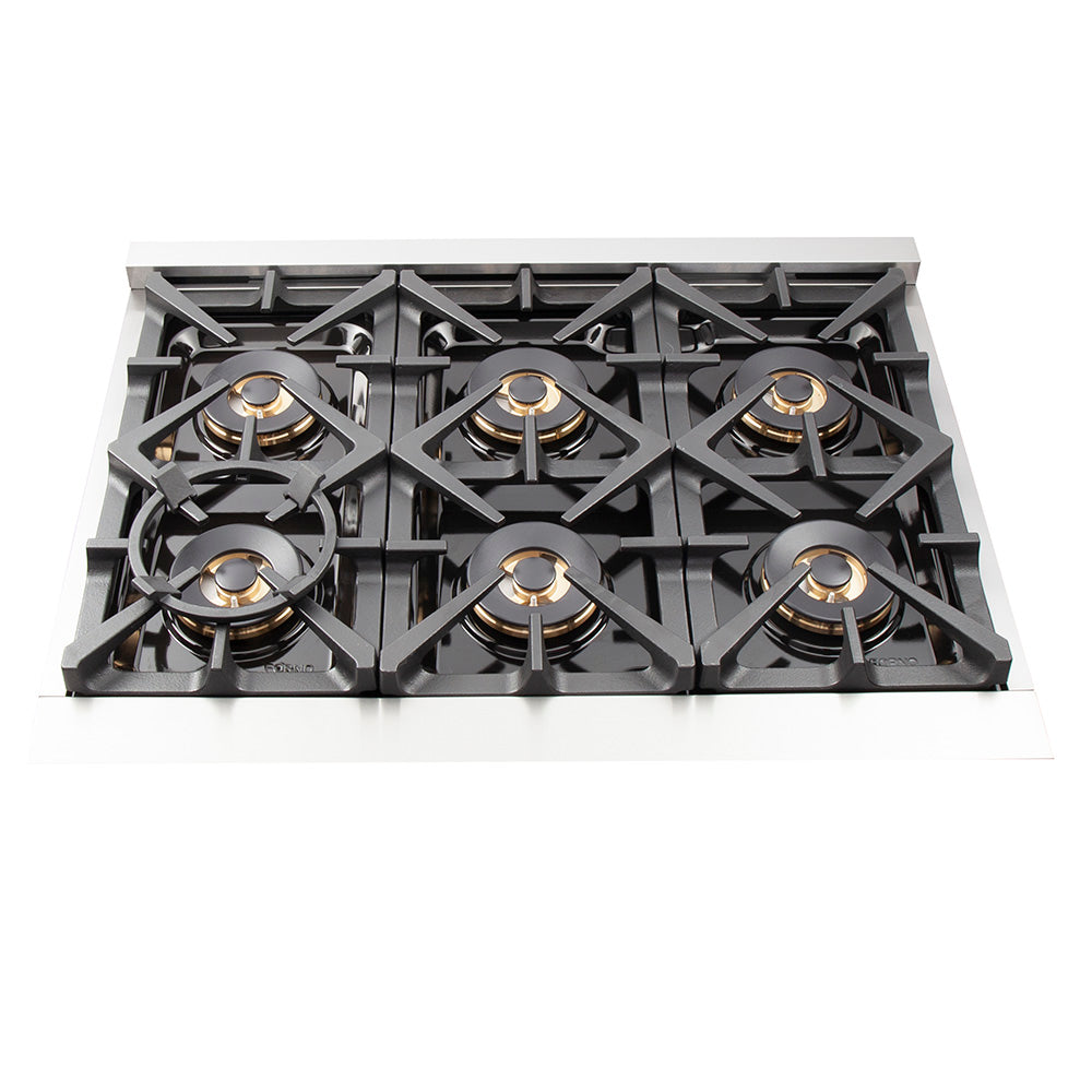 Forno Capriasca 36" Dual Fuel Range All Stainless Steel with 6 Brass Burners 120,000 BTU