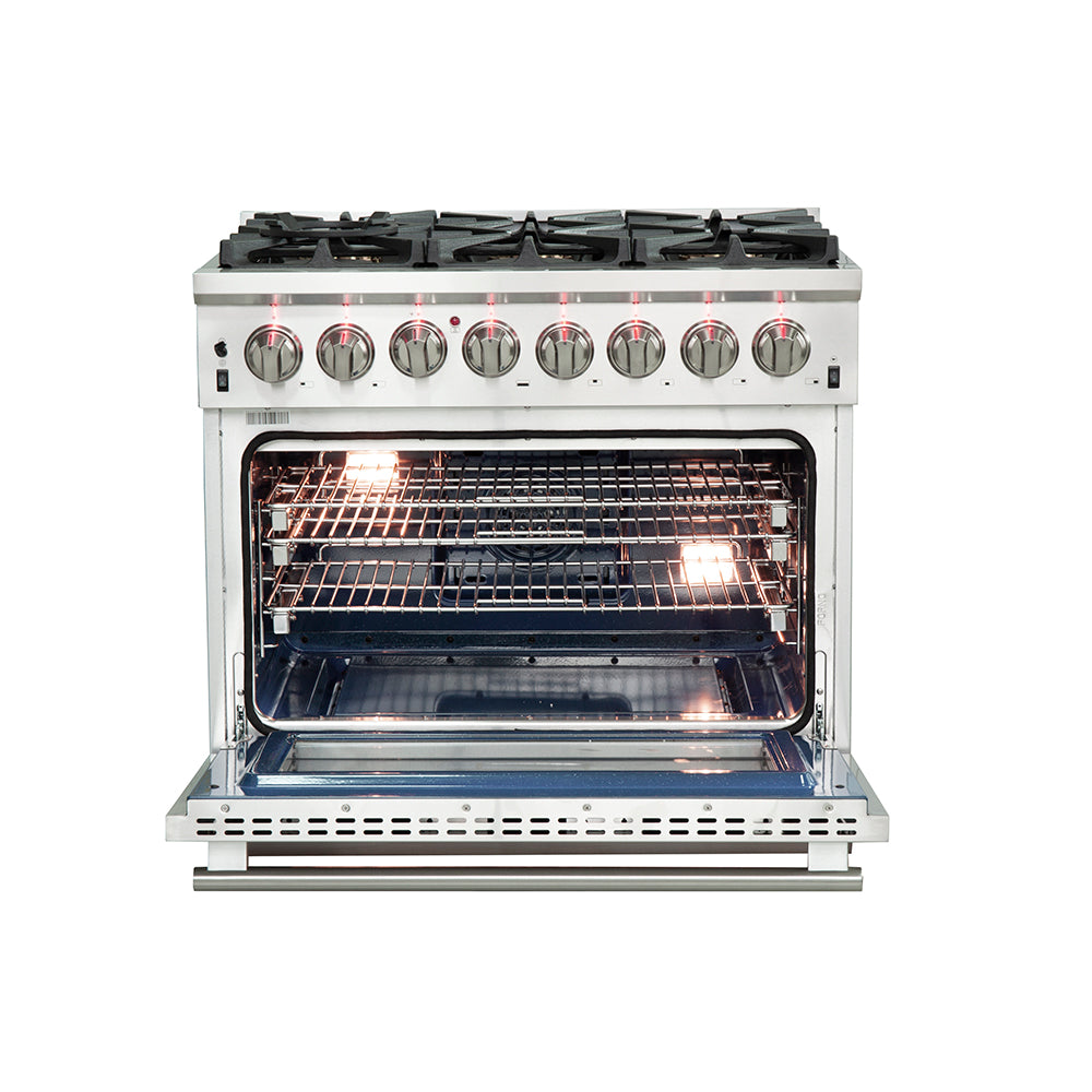 Forno Capriasca 36" Dual Fuel Range All Stainless Steel with 6 Brass Burners 120,000 BTU