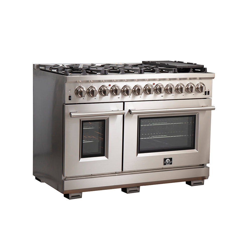 Forno Capriasca 48" Dual Fuel Range All Stainless Steel with 8 Brass Burners, 160,000 BTU