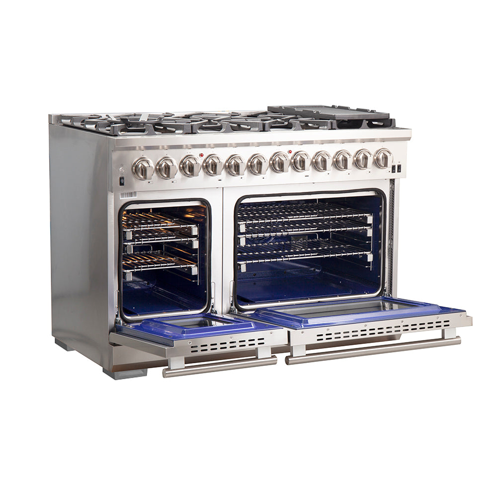 Forno Capriasca 48" Dual Fuel Range All Stainless Steel with 8 Brass Burners, 160,000 BTU