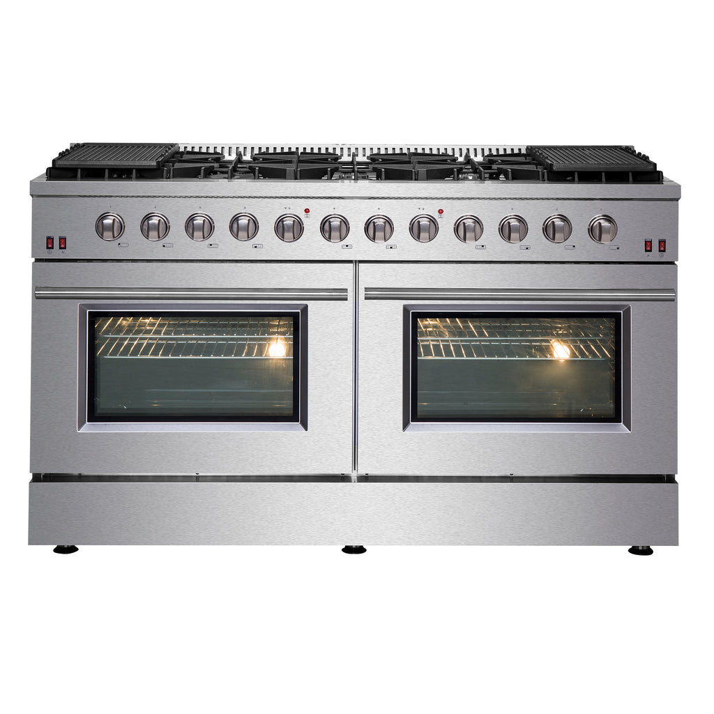 Forno Galiano 60" Freestanding Gas Range, 10 Burners, Double Ovens, Griddle, Energy Efficient