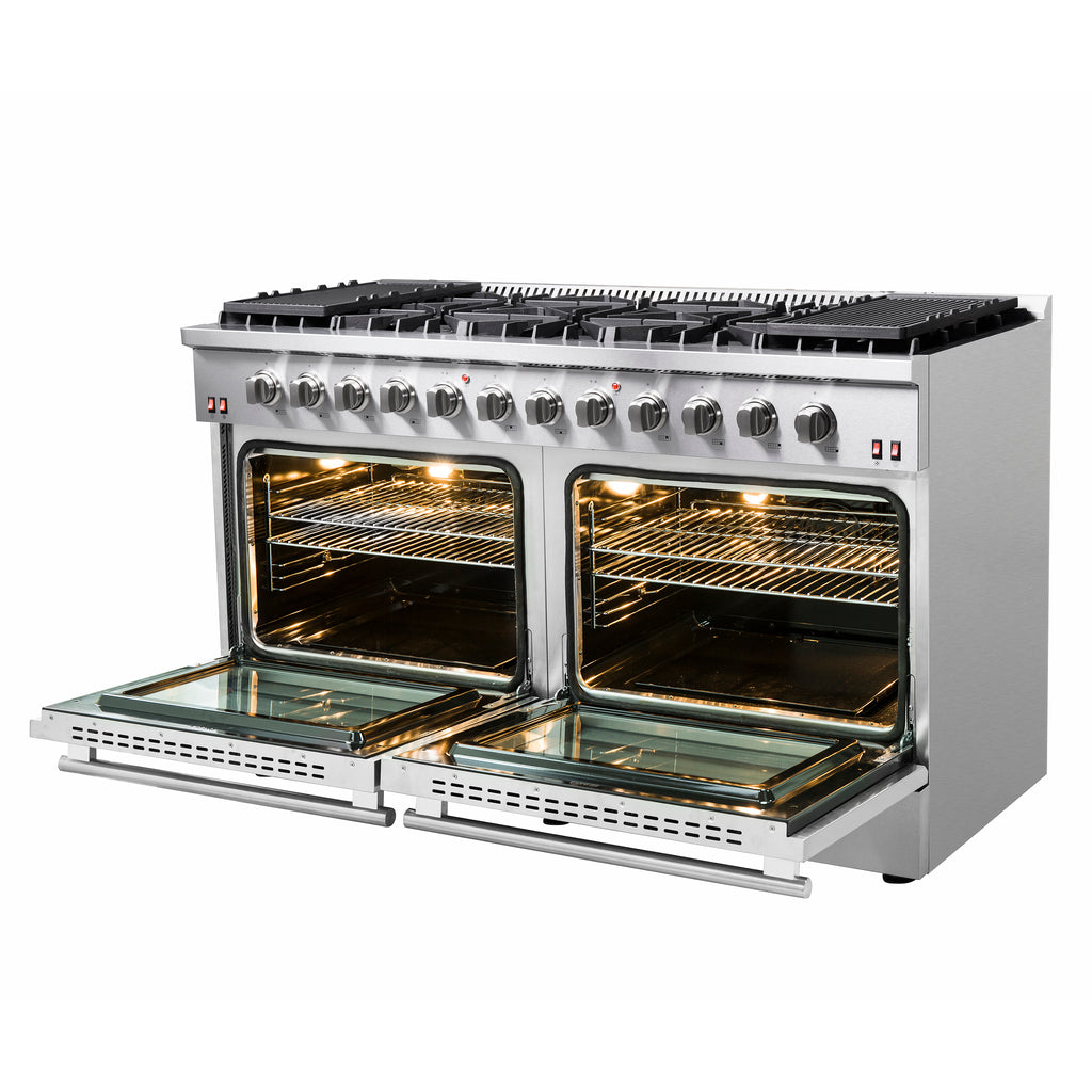 Forno Galiano 60" Freestanding Gas Range, 10 Burners, Double Ovens, Griddle, Energy Efficient