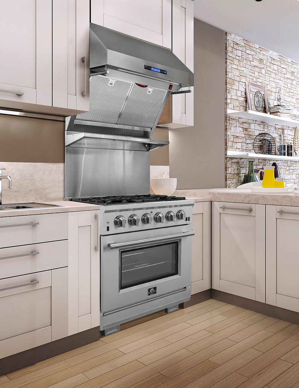 Forno Capriasca 30" Freestanding Gas Range All Stainless Steel, 5 Brass Burners 100,000 BTU, Wok Support