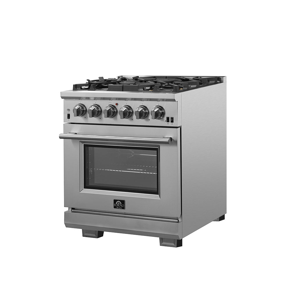 Forno Capriasca 30" Freestanding Gas Range All Stainless Steel, 5 Brass Burners 100,000 BTU, Wok Support