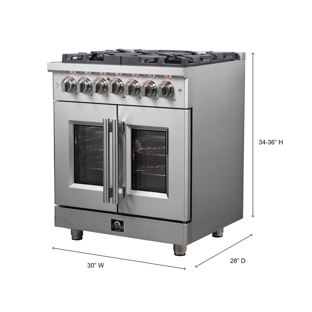 Forno Massimo 30" French Door Dual Fuel Range All Stainless Steel with 5 Sealed Burners 68,000BTU, Wok Support