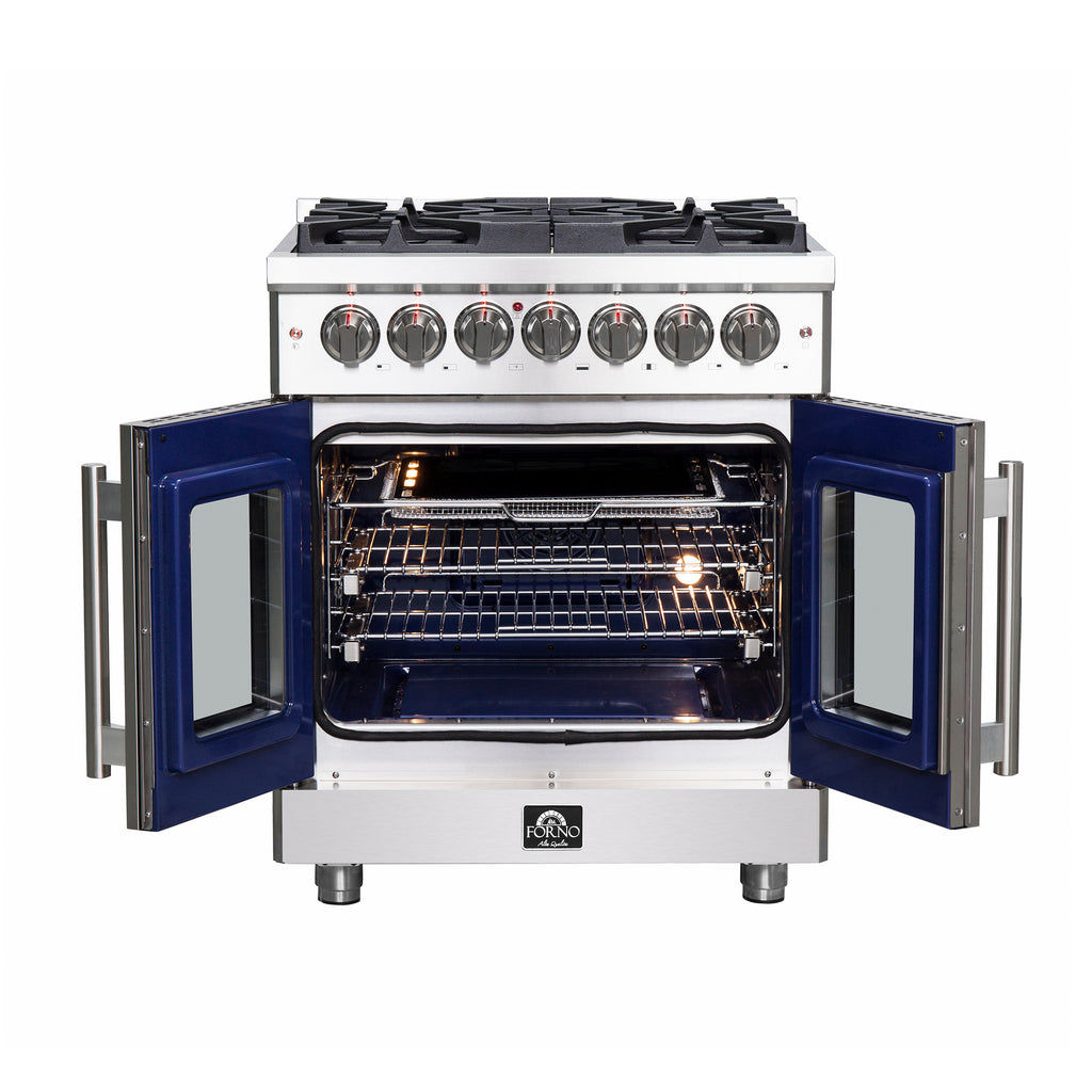 Forno Massimo 30" French Door Dual Fuel Range All Stainless Steel with 5 Sealed Burners 68,000BTU, Wok Support