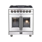 Forno Massimo 30" French Door Dual Fuel Range All Stainless Steel with 5 Sealed Burners 68,000BTU, Wok Support