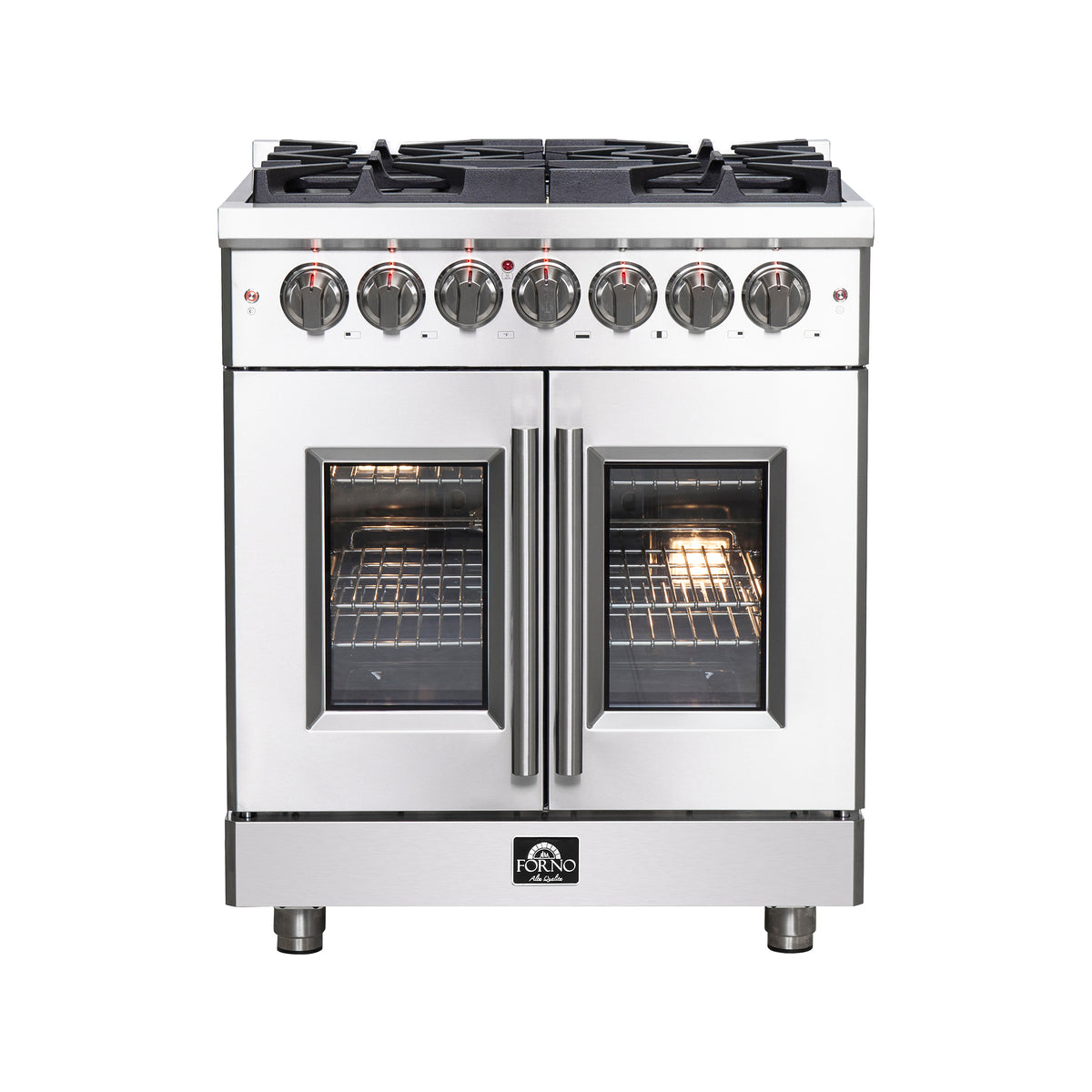 Forno Massimo 30" French Door Dual Fuel Range All Stainless Steel with 5 Sealed Burners 68,000BTU, Wok Support