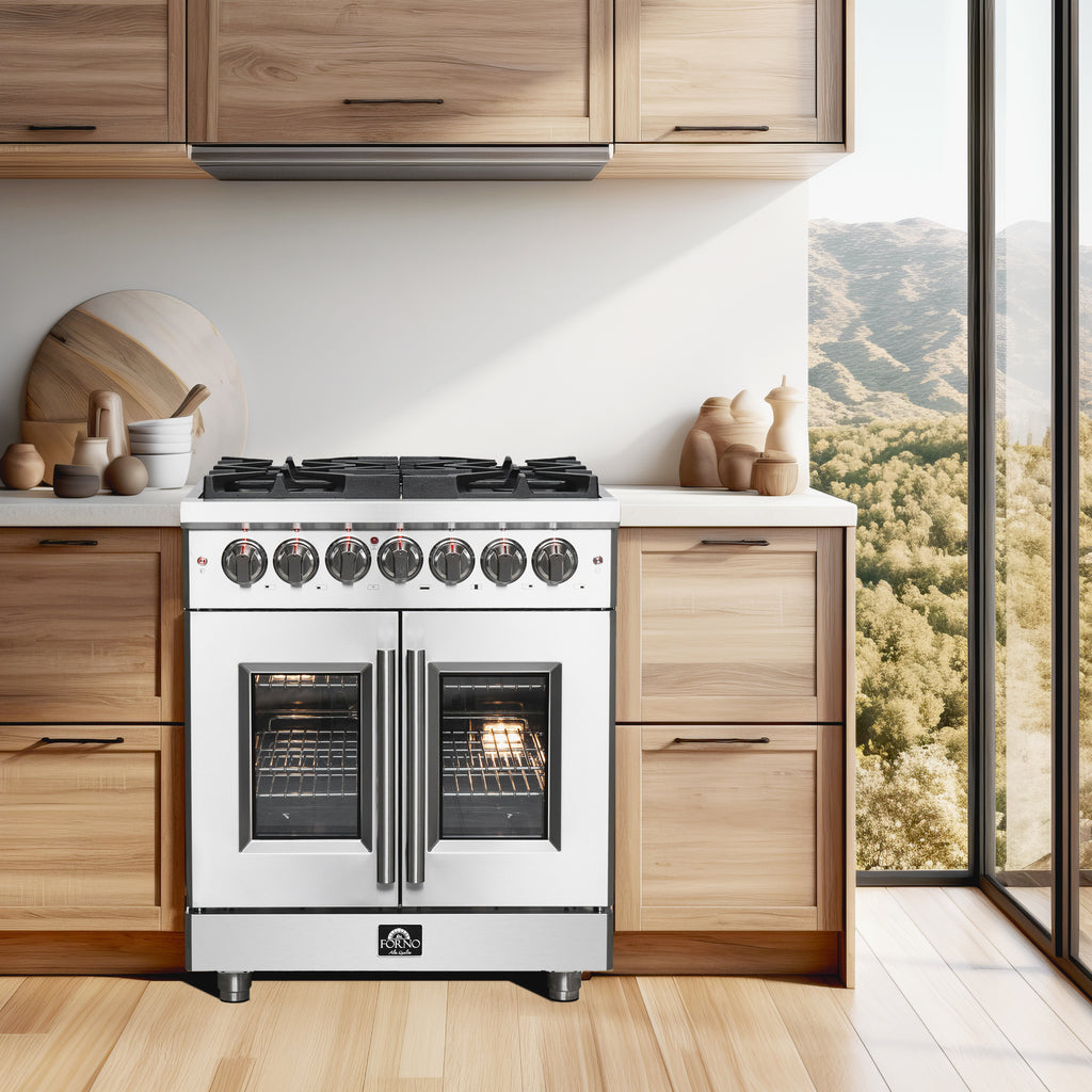 Forno Massimo 30" French Door Dual Fuel Range All Stainless Steel with 5 Sealed Burners 68,000BTU, Wok Support