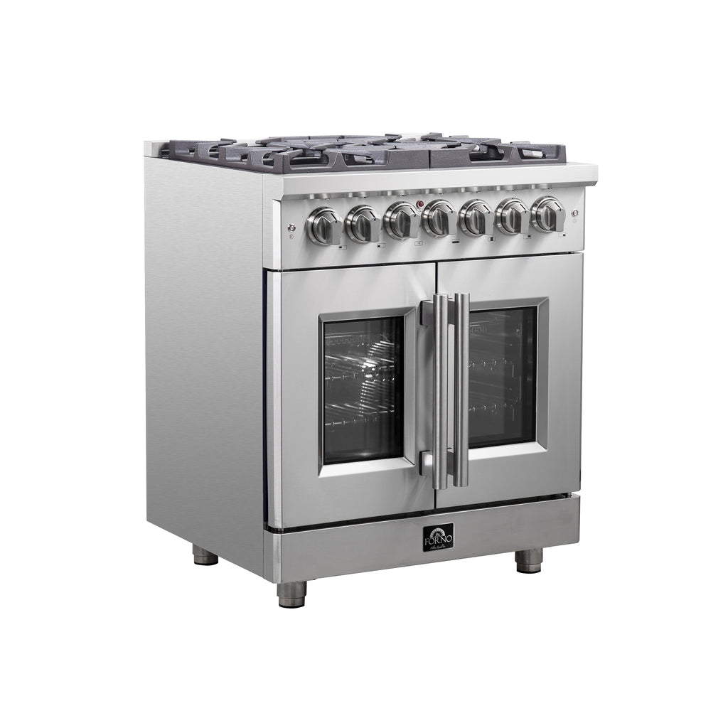 Forno Massimo 30" French Door Dual Fuel Range All Stainless Steel with 5 Sealed Burners 68,000BTU, Wok Support