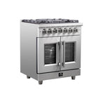 Forno Massimo 30" French Door Dual Fuel Range All Stainless Steel with 5 Sealed Burners 68,000BTU, Wok Support