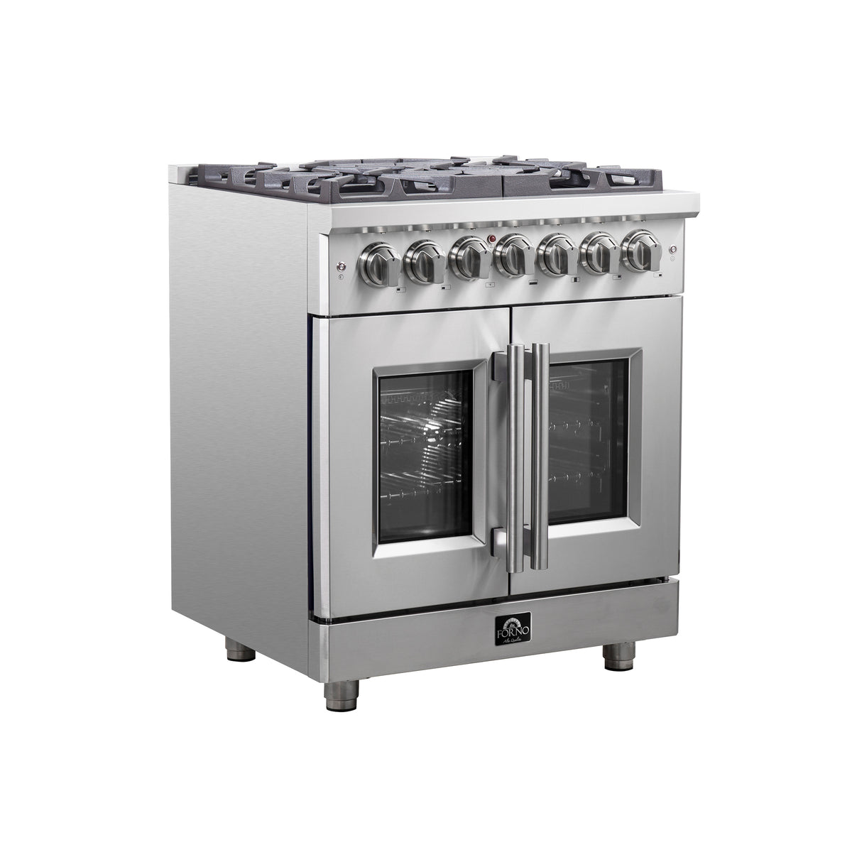 Forno Massimo 30" French Door Dual Fuel Range All Stainless Steel with 5 Sealed Burners 68,000BTU, Wok Support