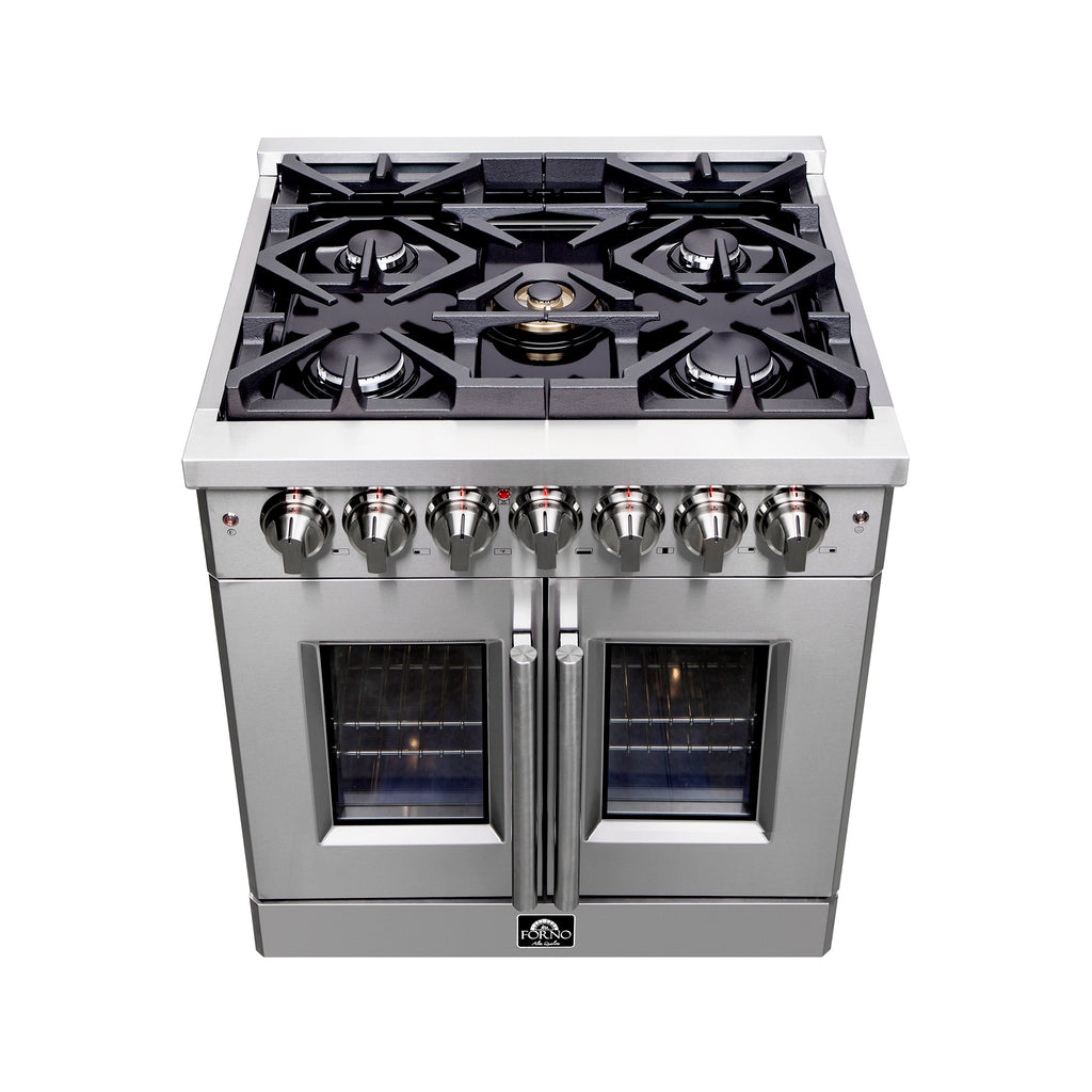 Forno Massimo 30" French Door Dual Fuel Range All Stainless Steel with 5 Sealed Burners 68,000BTU, Wok Support