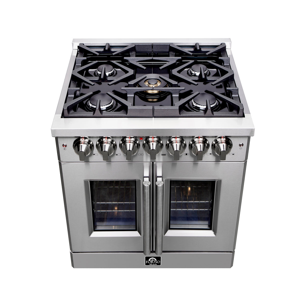 Forno Massimo 30" French Door Dual Fuel Range All Stainless Steel with 5 Sealed Burners 68,000BTU, Wok Support