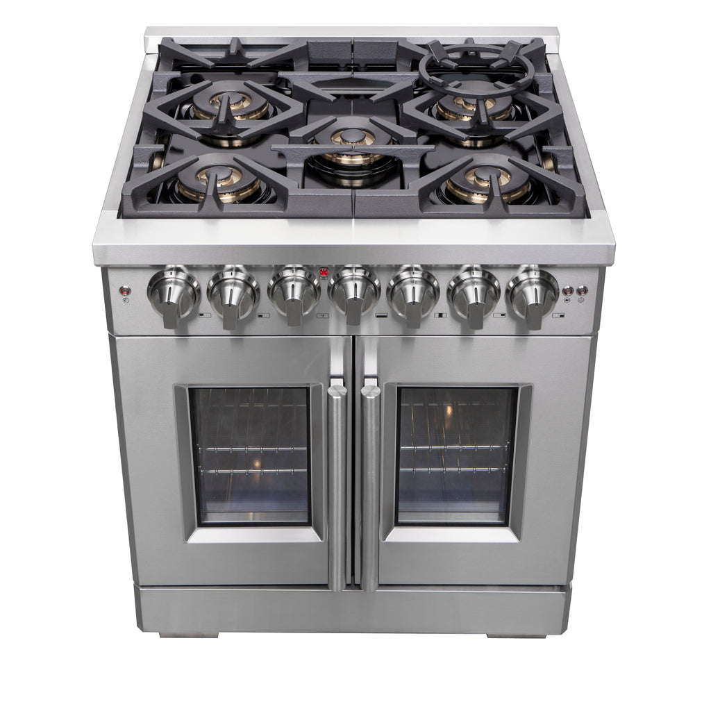 Forno Capriasca 30" French Door Dual Fuel Range All Stainless Steel with 5 Brass Burners 100,000 BTU