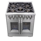 Forno Capriasca 30" French Door Dual Fuel Range All Stainless Steel with 5 Brass Burners 100,000 BTU
