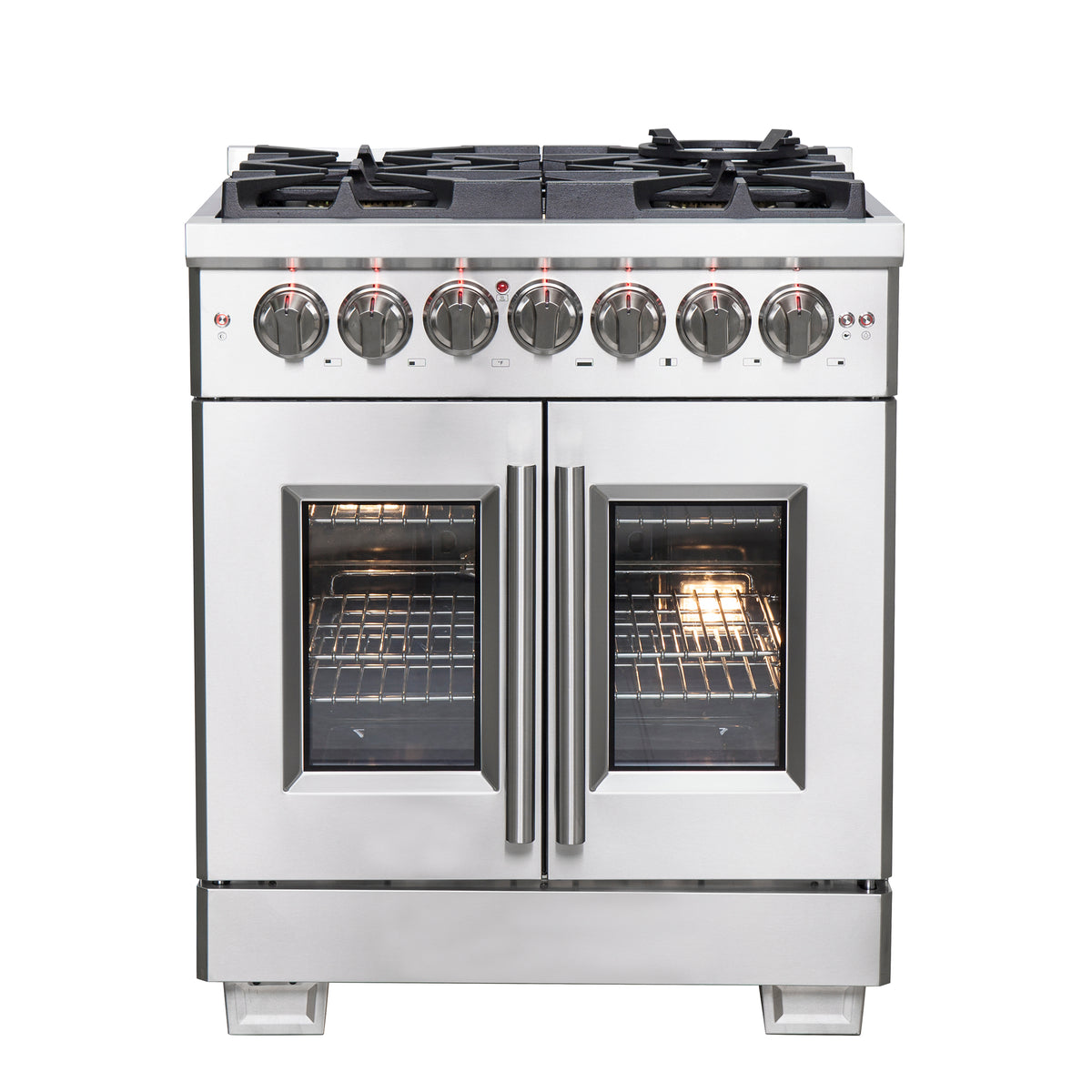 Forno Capriasca 30" French Door Dual Fuel Range All Stainless Steel with 5 Brass Burners 100,000 BTU