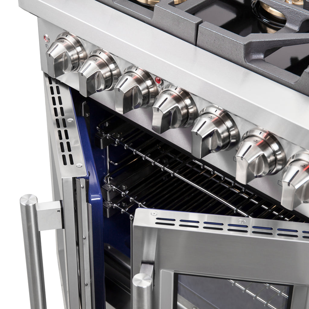 Forno Capriasca 30" French Door Dual Fuel Range All Stainless Steel with 5 Brass Burners 100,000 BTU