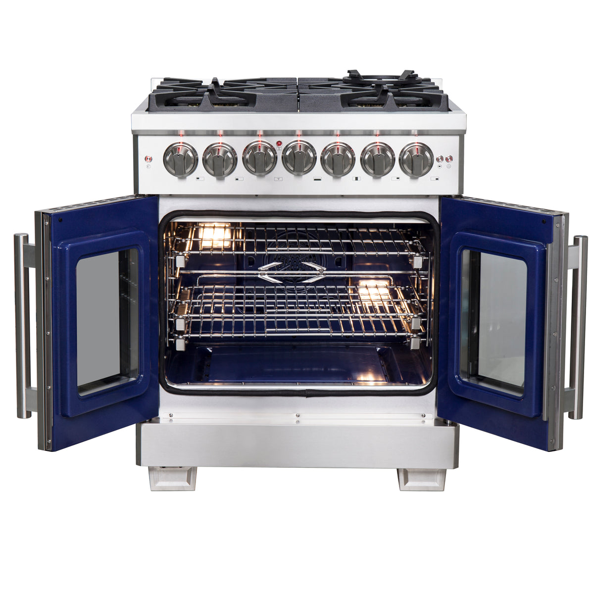 Forno Capriasca 30" French Door Dual Fuel Range All Stainless Steel with 5 Brass Burners 100,000 BTU