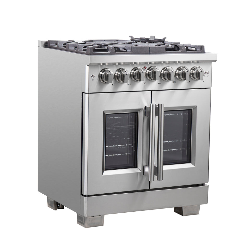 Forno Capriasca 30" French Door Dual Fuel Range All Stainless Steel with 5 Brass Burners 100,000 BTU