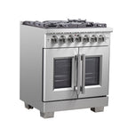 Forno Capriasca 30" French Door Dual Fuel Range All Stainless Steel with 5 Brass Burners 100,000 BTU