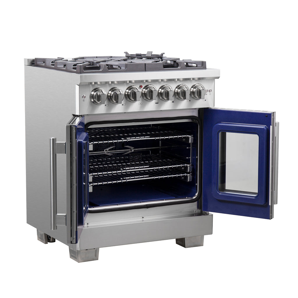 Forno Capriasca 30" French Door Dual Fuel Range All Stainless Steel with 5 Brass Burners 100,000 BTU