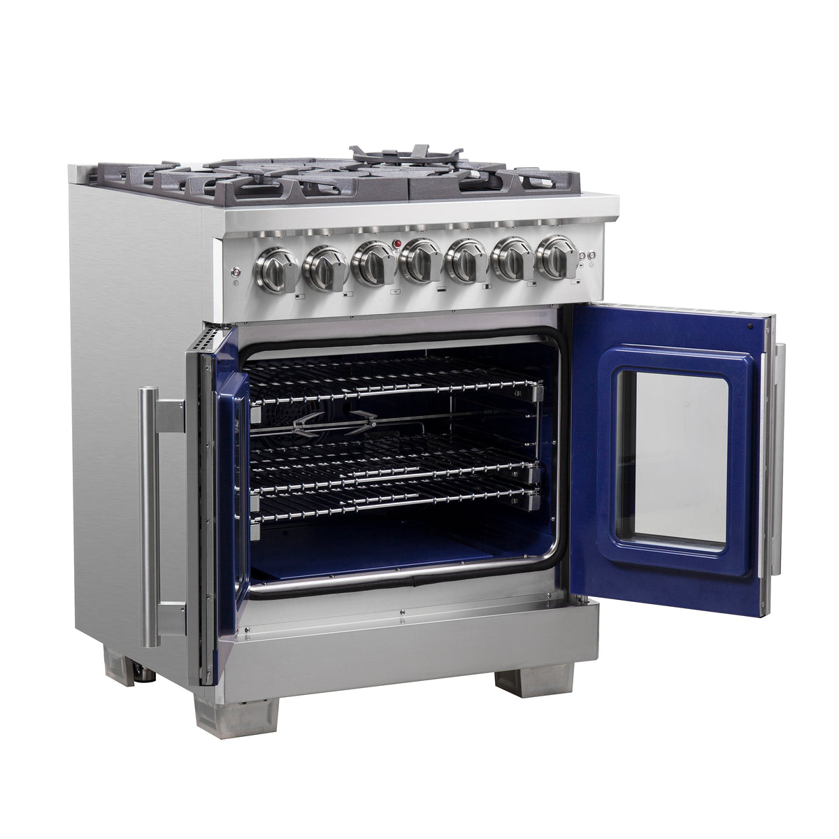 Forno Capriasca 30" French Door Dual Fuel Range All Stainless Steel with 5 Brass Burners 100,000 BTU