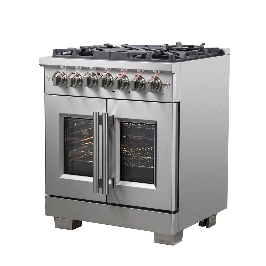 Forno Capriasca 30" French Door Dual Fuel Range All Stainless Steel with 5 Brass Burners 100,000 BTU