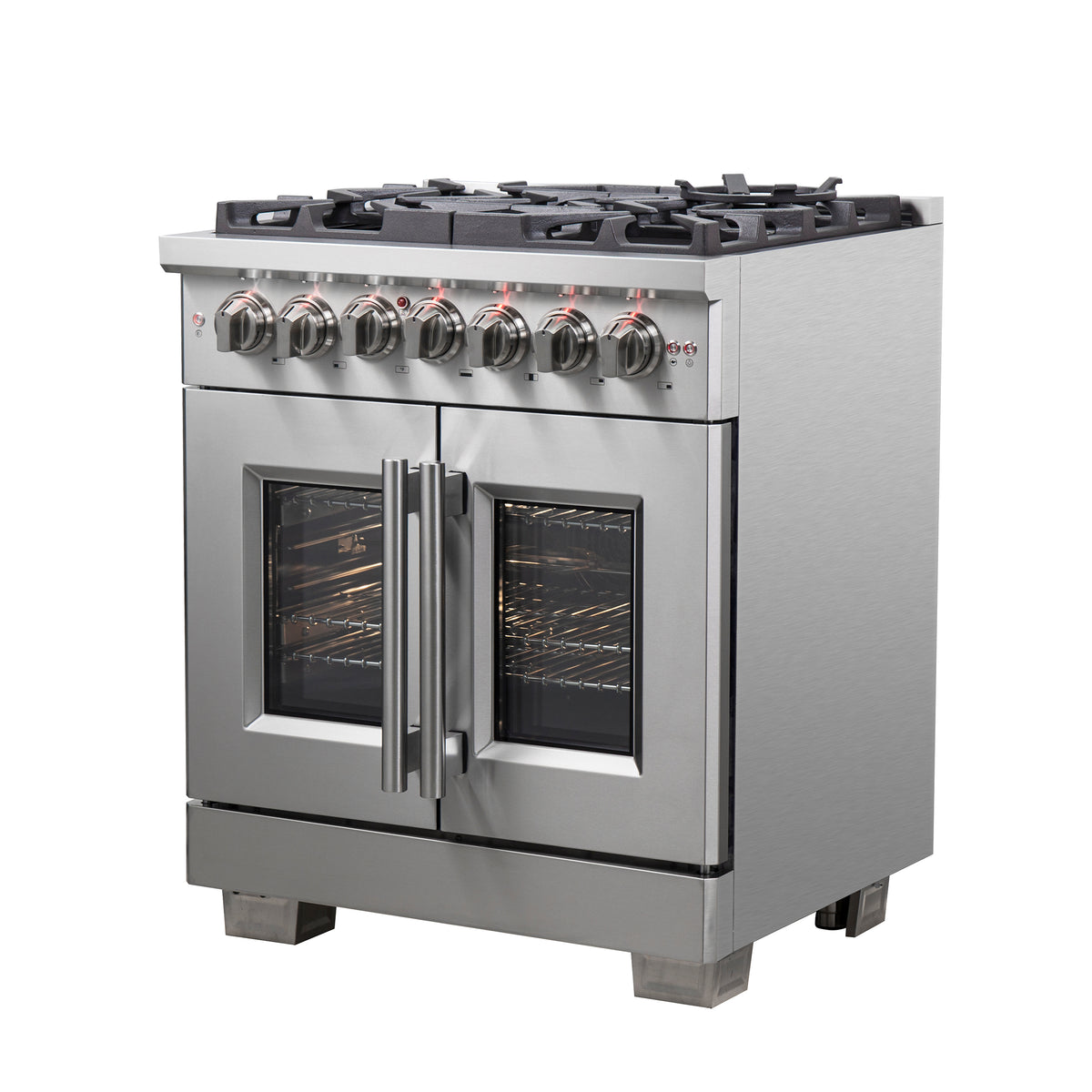 Forno Capriasca 30" French Door Dual Fuel Range All Stainless Steel with 5 Brass Burners 100,000 BTU