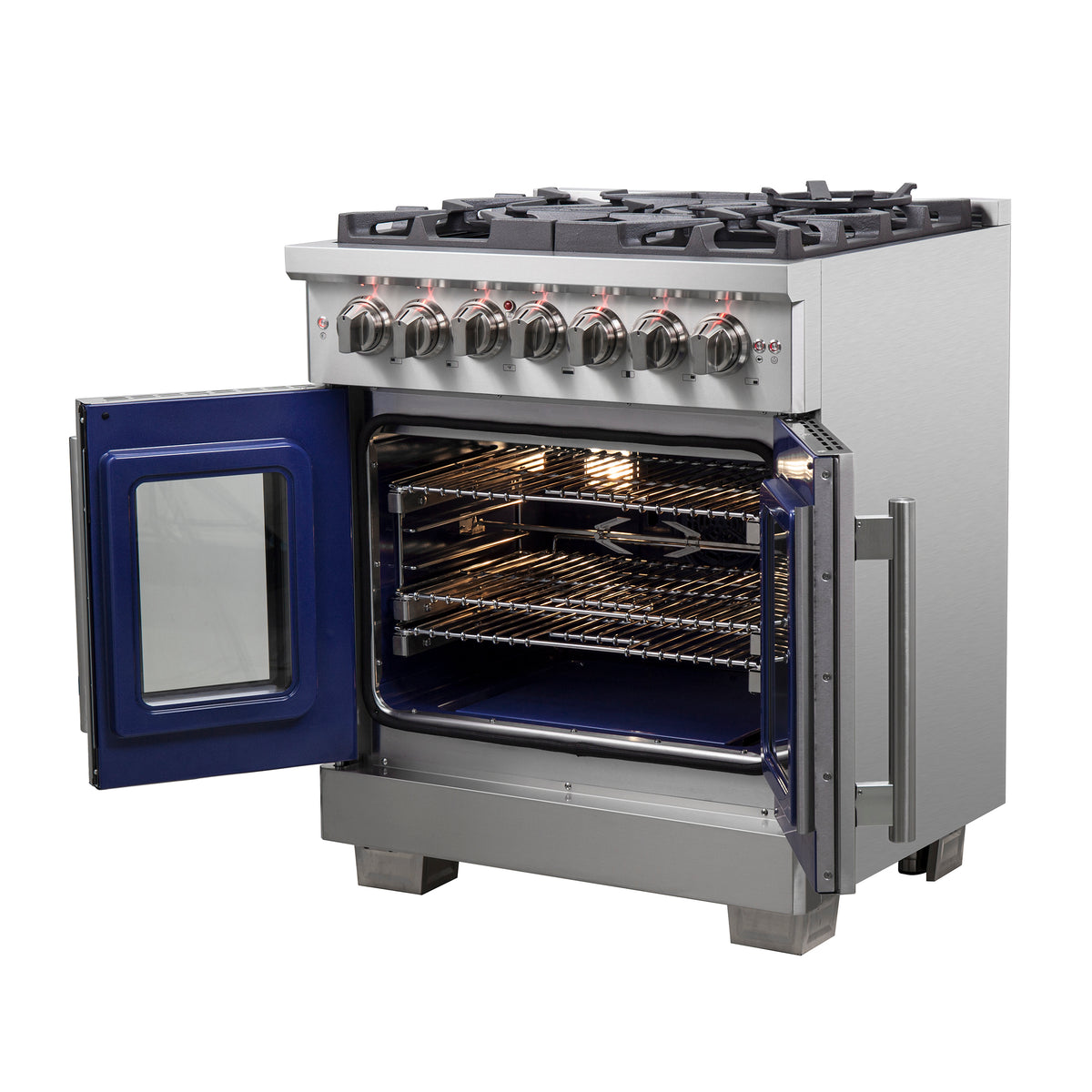 Forno Capriasca 30" French Door Dual Fuel Range All Stainless Steel with 5 Brass Burners 100,000 BTU