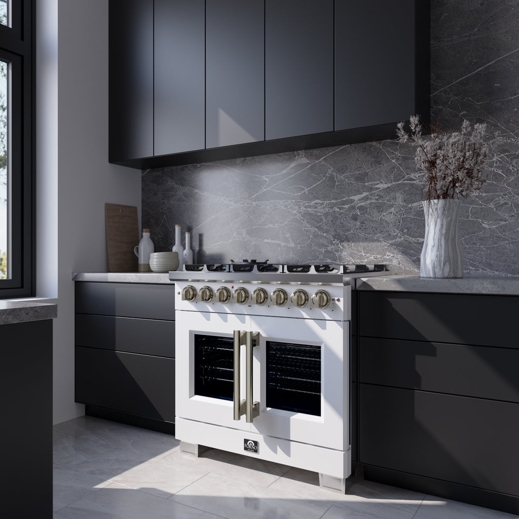 Forno Capriasca 36" French Door Dual Fuel Range in White with Antique Brass Accessories