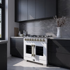Forno Capriasca 36" French Door Dual Fuel Range in White with Antique Brass Accessories