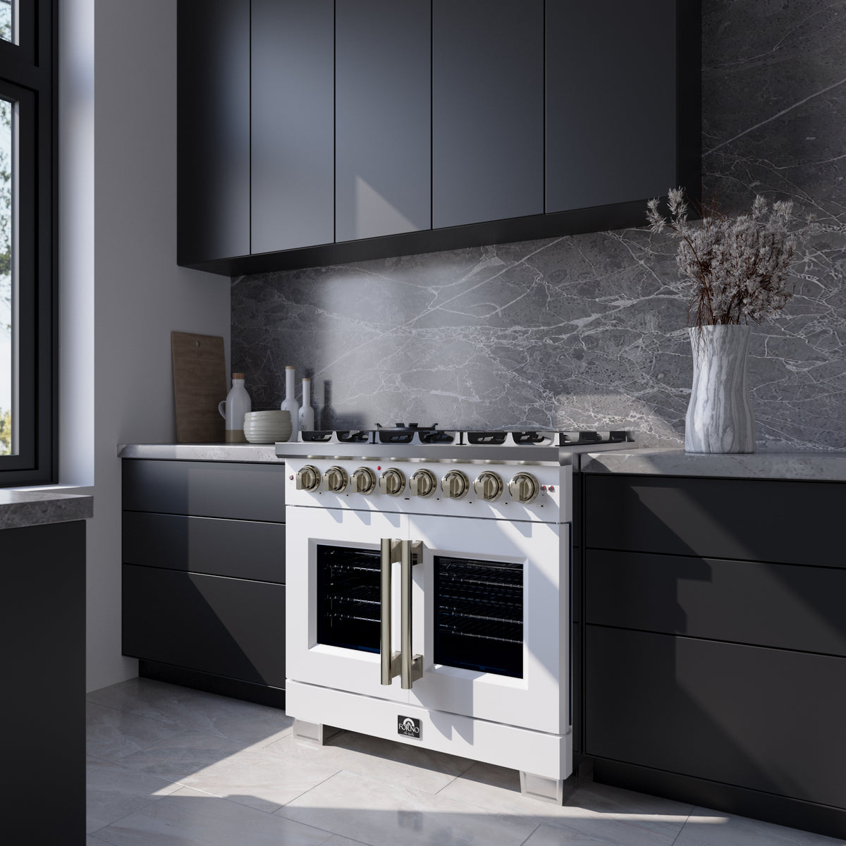 Forno Capriasca 36" French Door Dual Fuel Range in White with Antique Brass Accessories