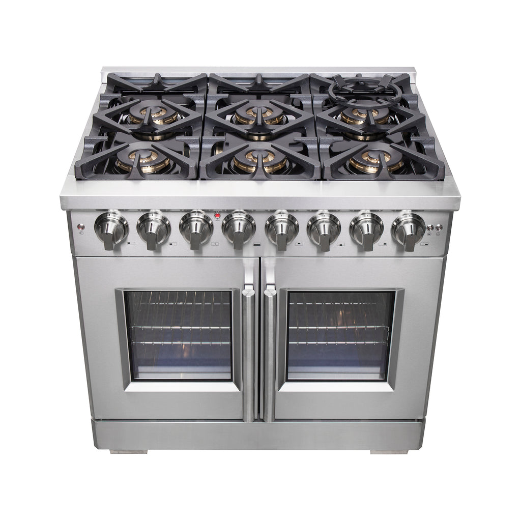 Forno Capriasca 36" French Door Dual Fuel Range All Stainless Steel with 6 Brass Burners 120,000 BTU