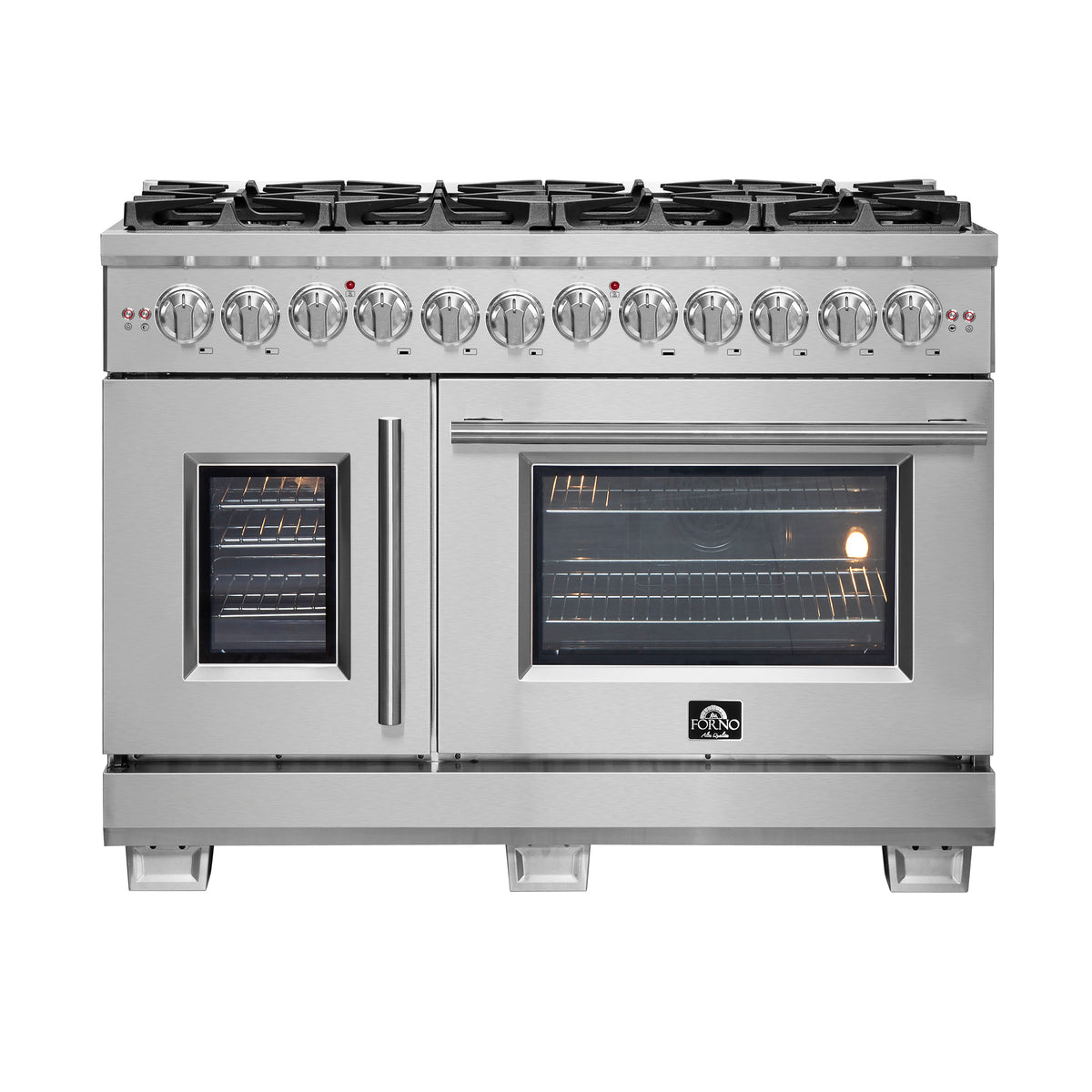 Forno Capriasca 48" French Door Dual Fuel Range All Stainless Steel with 8 Brass Burners, 160,000 BTU