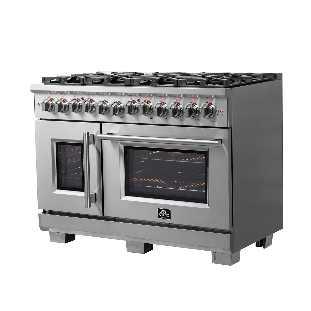 Forno Capriasca 48" French Door Dual Fuel Range All Stainless Steel with 8 Brass Burners, 160,000 BTU