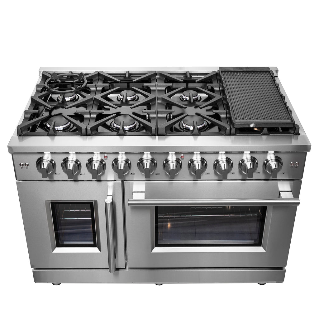 Forno Massimo 48" French Door Gas Range All Stainless Steel with 8 Sealed Burners 107,000 BTU