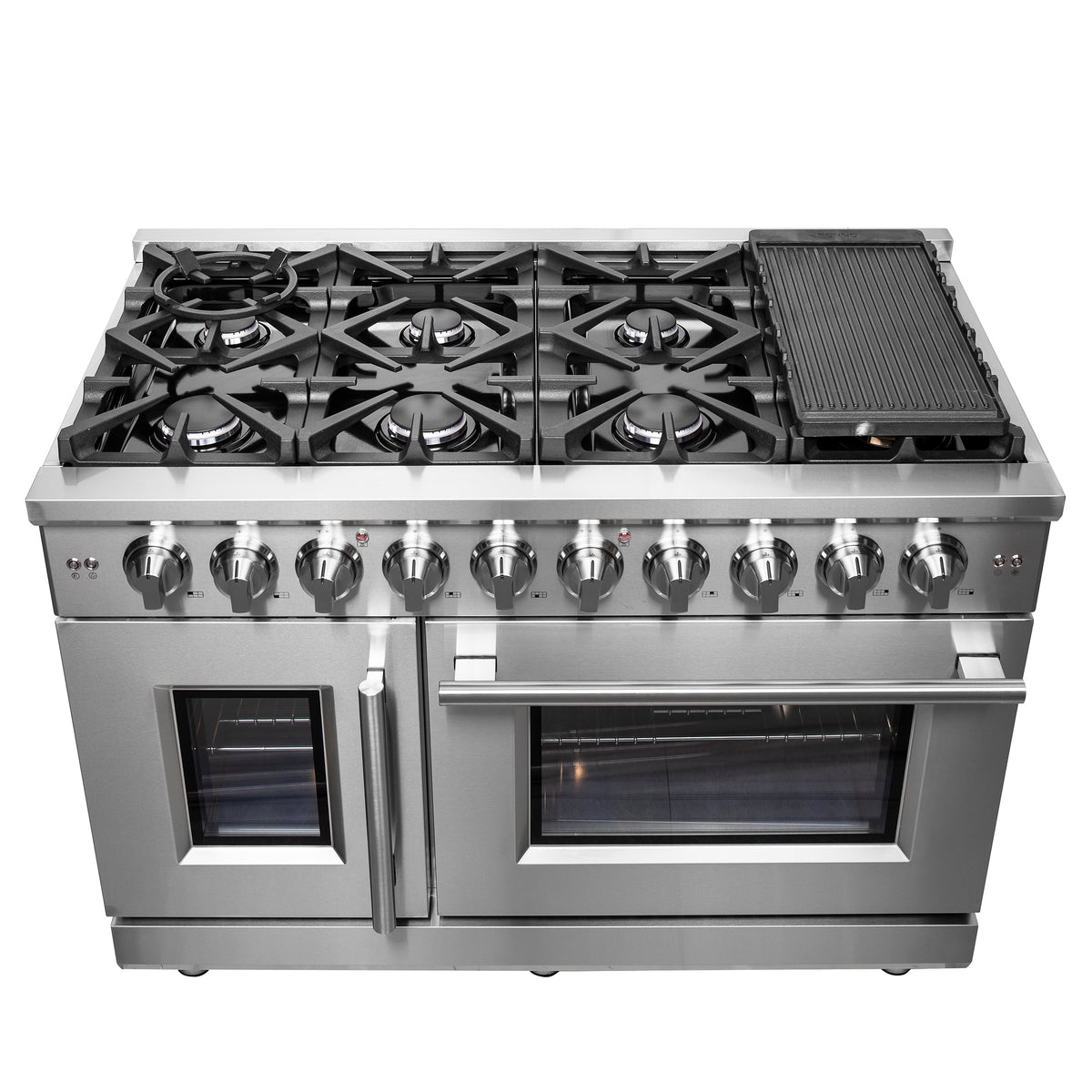 Forno Massimo 48" French Door Gas Range All Stainless Steel with 8 Sealed Burners 107,000 BTU