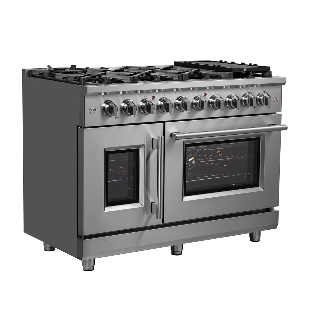 Forno Massimo 48" French Door Gas Range All Stainless Steel with 8 Sealed Burners 107,000 BTU