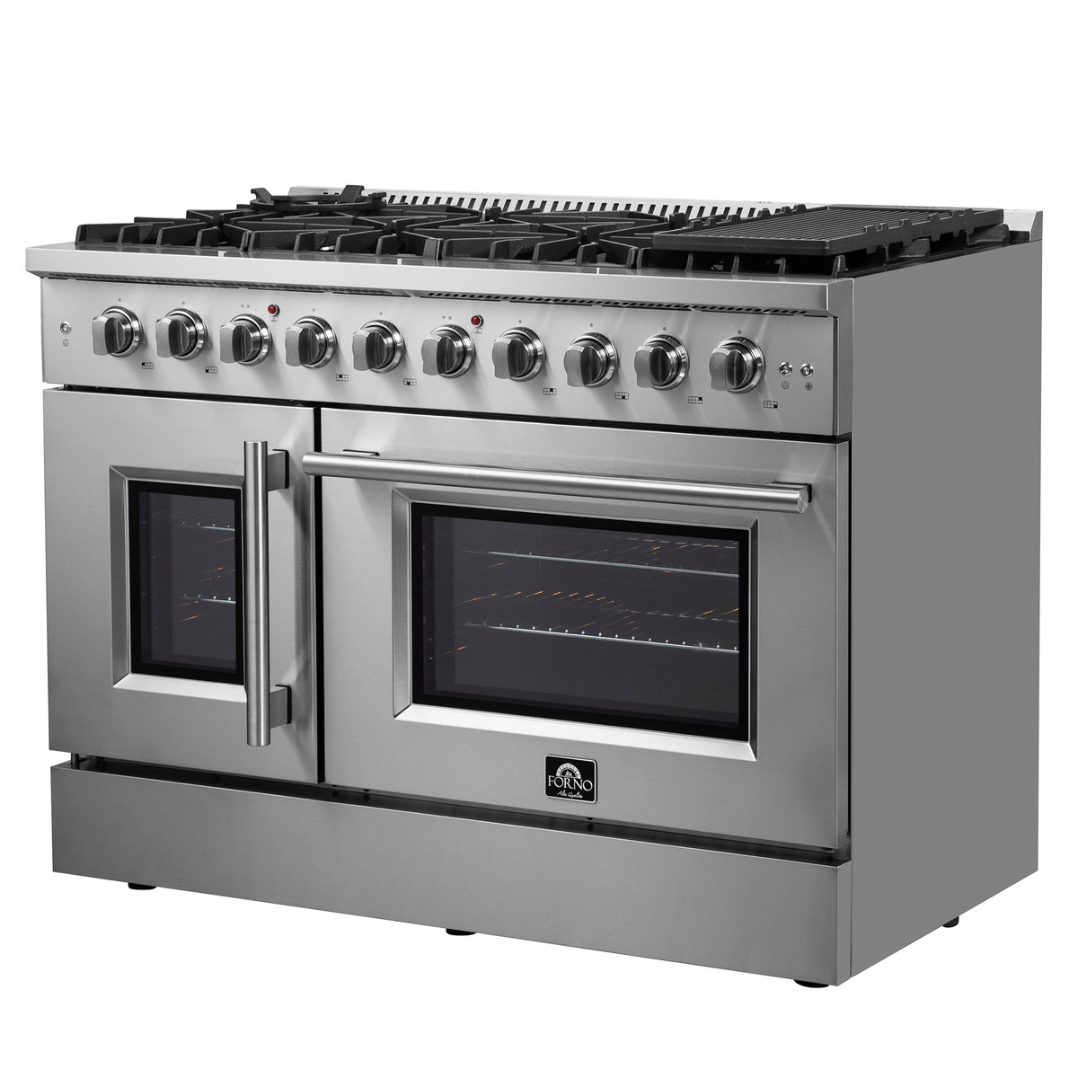 Forno Galiano 48" French Door Gas Range All Stainless Steel, 8 Sealed Burners 107,000 BTU
