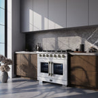 Forno Capriasca 36" French Door Gas Range in White, 6 Brass Burners 120,000 BTU, Wok Support & Griddle