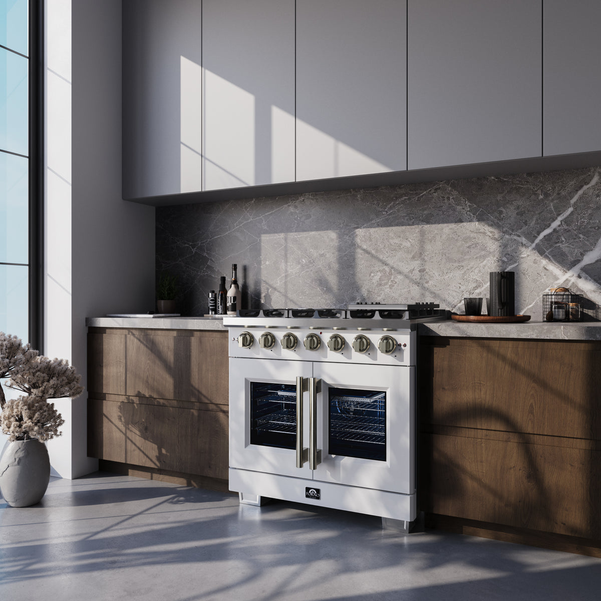 Forno Capriasca 36" French Door Gas Range in White, 6 Brass Burners 120,000 BTU, Wok Support & Griddle